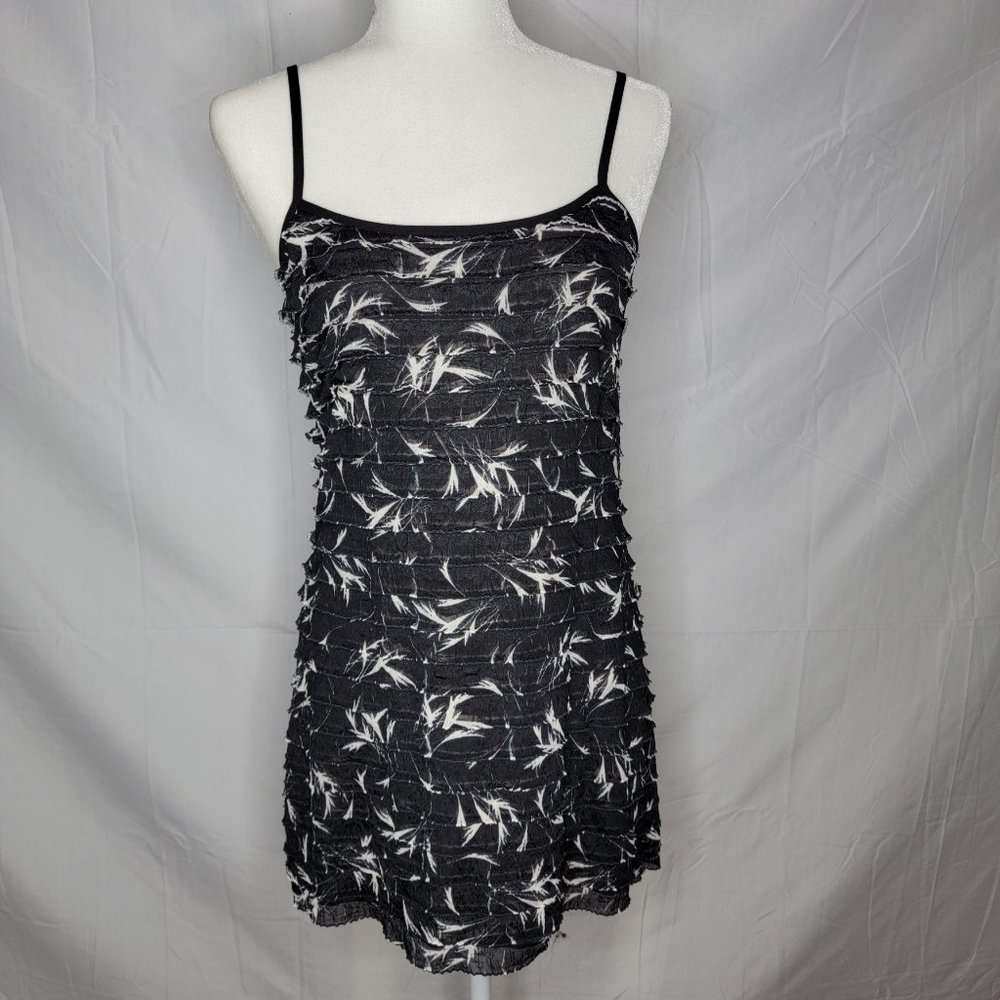 Free People Ruffle Mini Slip Dress, Black with White Feather Print, Small, NWOT